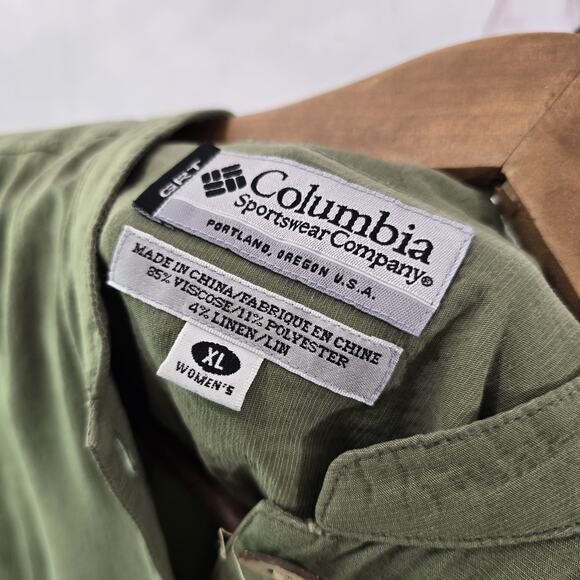 Columbia Shirt Womens XL Green Linen Button Vintage Camp Short Sleeve Mandarin - Picture 3 of 13